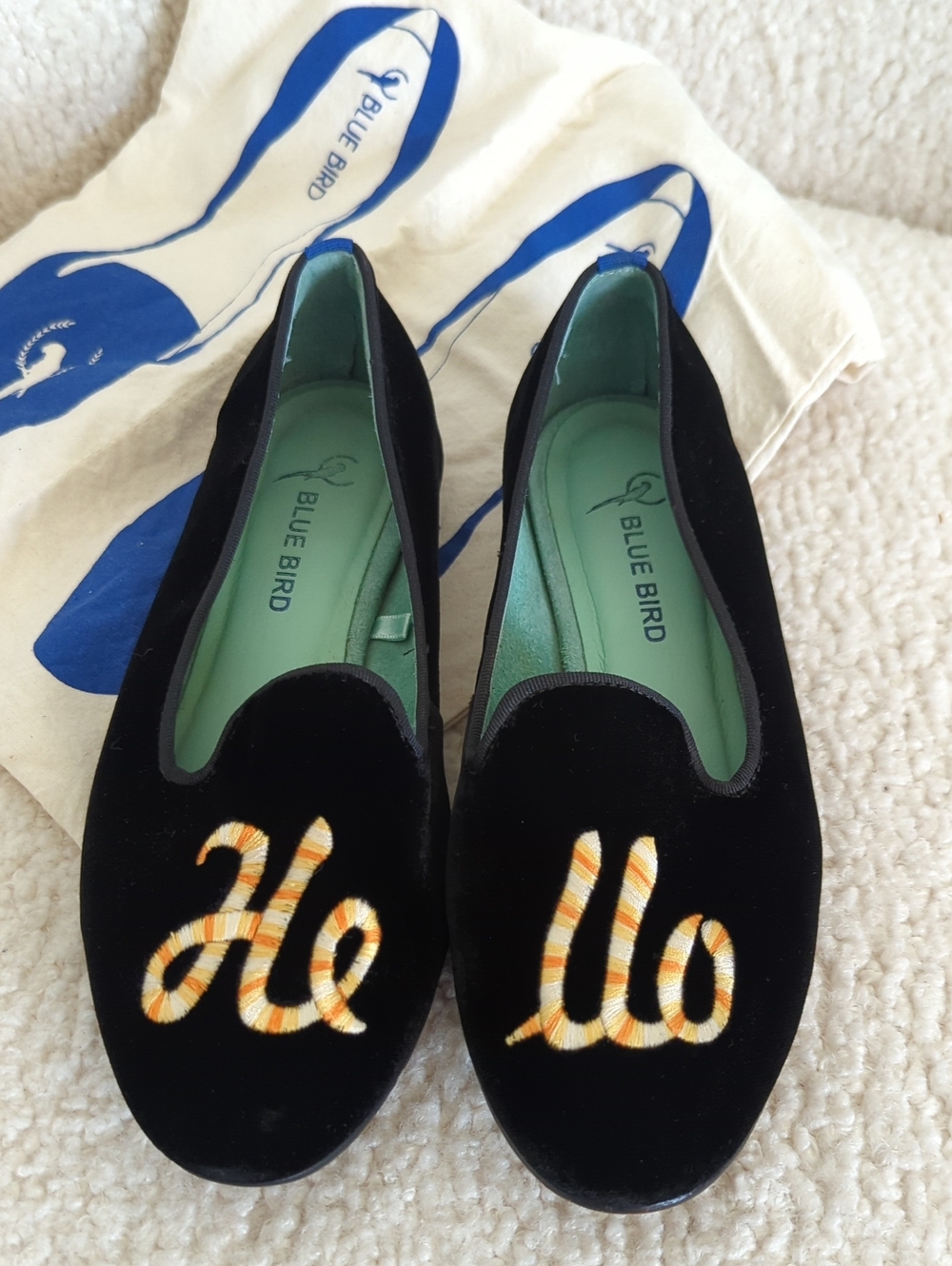 Blue Bird Black Velvet Slip-On Flats with Yellow-Orange 'Hello' Embroidery